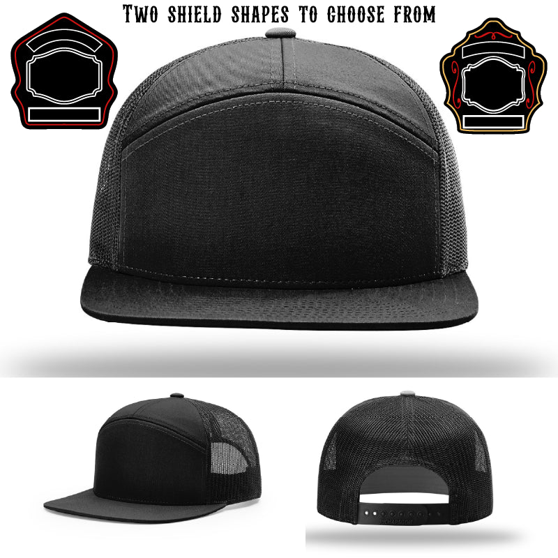 Firefighter hat showing two shield patch shape examples