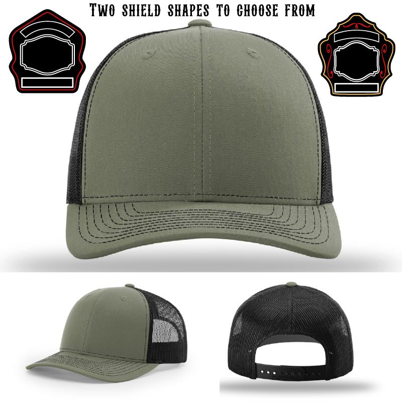 Station hat with two examples of shield patch shapes