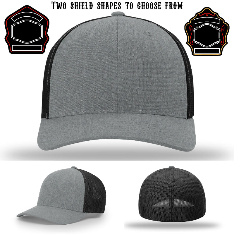 Firehouse hat displayed with two firefighter shield patches