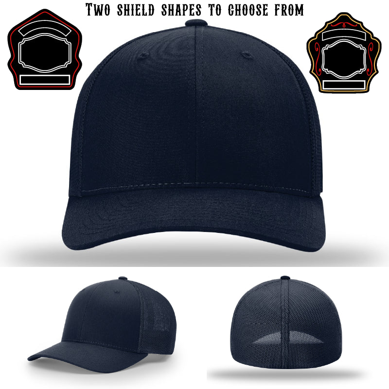 Station hat showing two firefighter shield patch examples