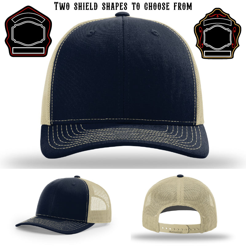 Station hat displayed with two shield patch shape examples