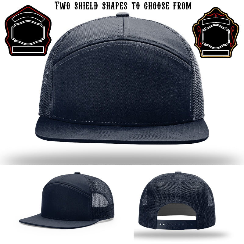 Firefighter hat displayed with two shield patch style options