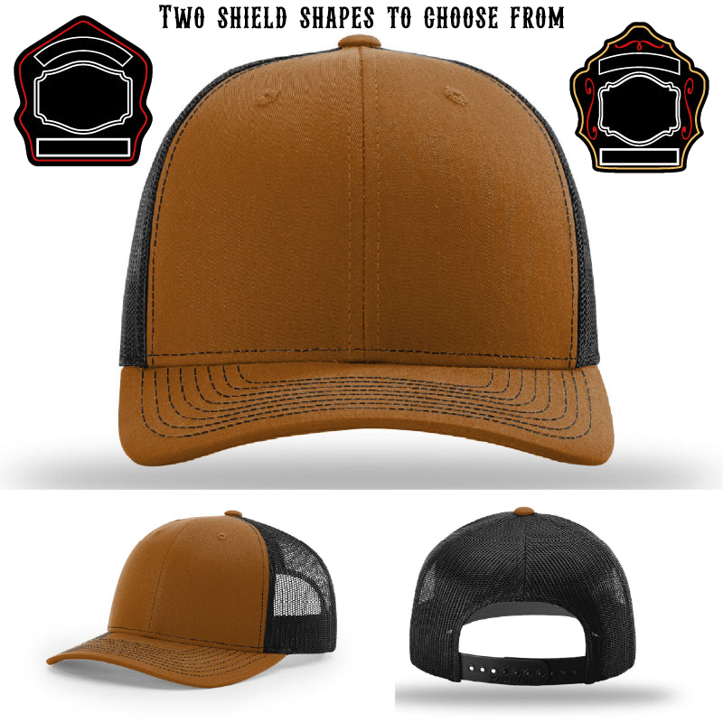 Station hat showing two examples of shield patch designs