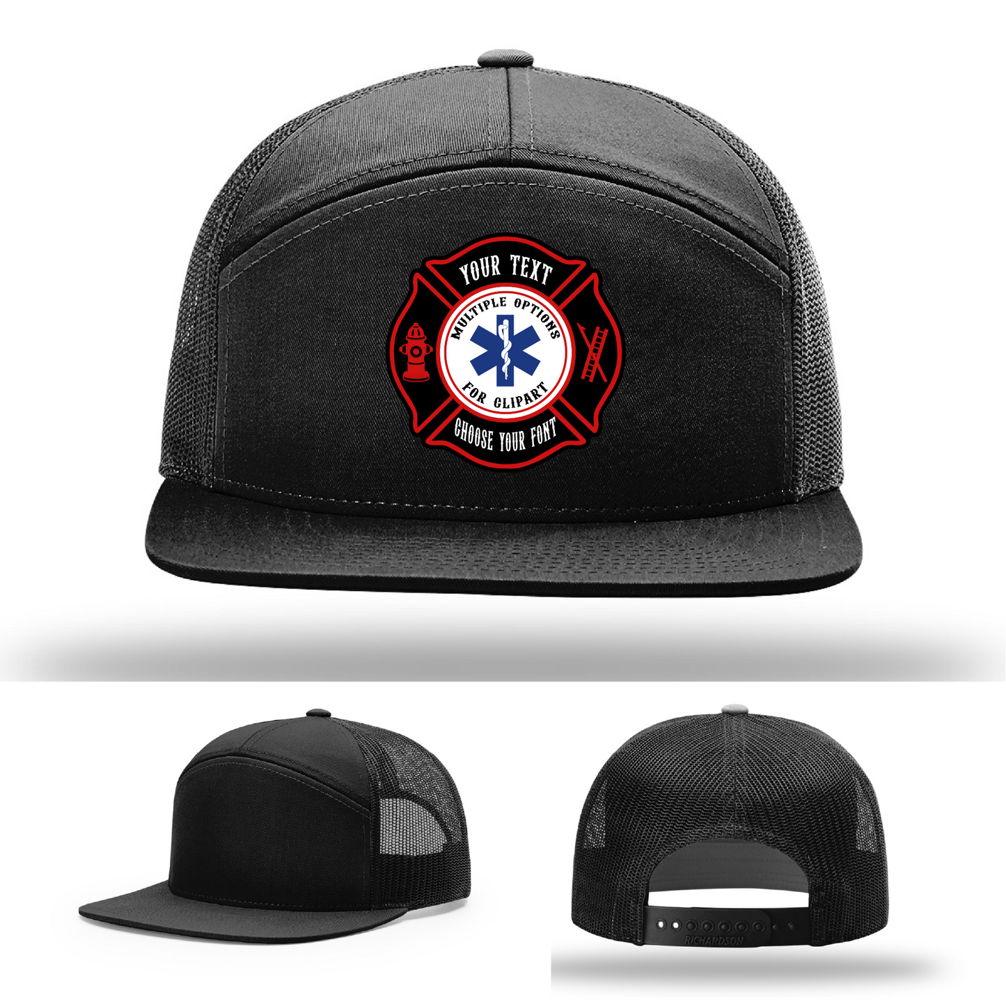 Leather patch firefighter hat front facing with two colorful Maltese styles