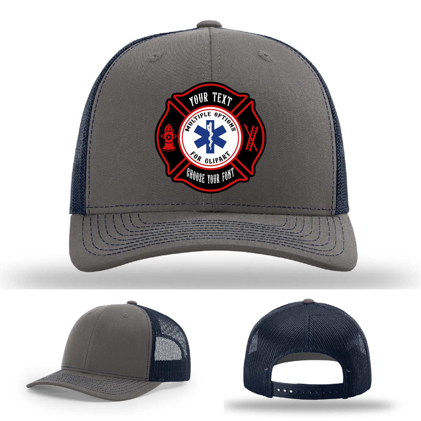 Fire service hat showing two colorful Maltese leather patch examples