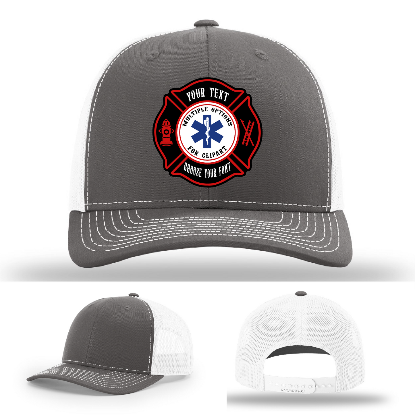 Custom firefighter hat with dual Maltese cross patch shapes on front