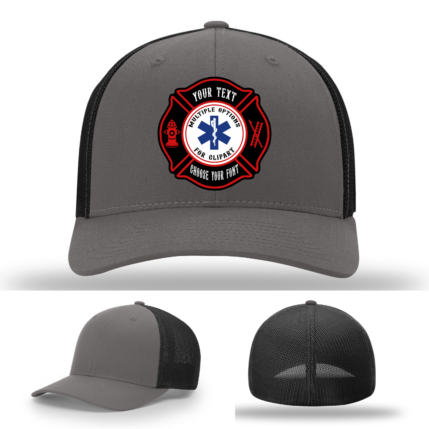 Bold firefighter hat with colorful Maltese patch shapes front view