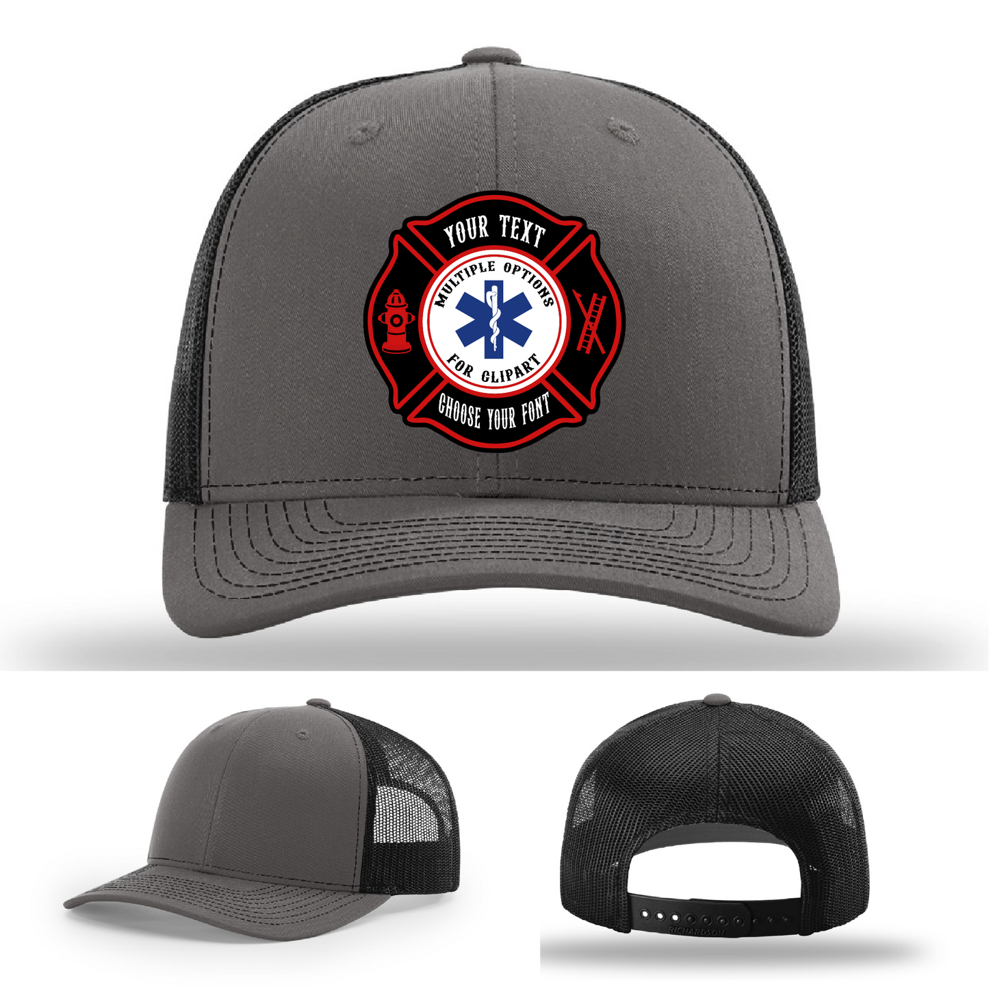 Custom firefighter gear hat showing dual Maltese patch examples