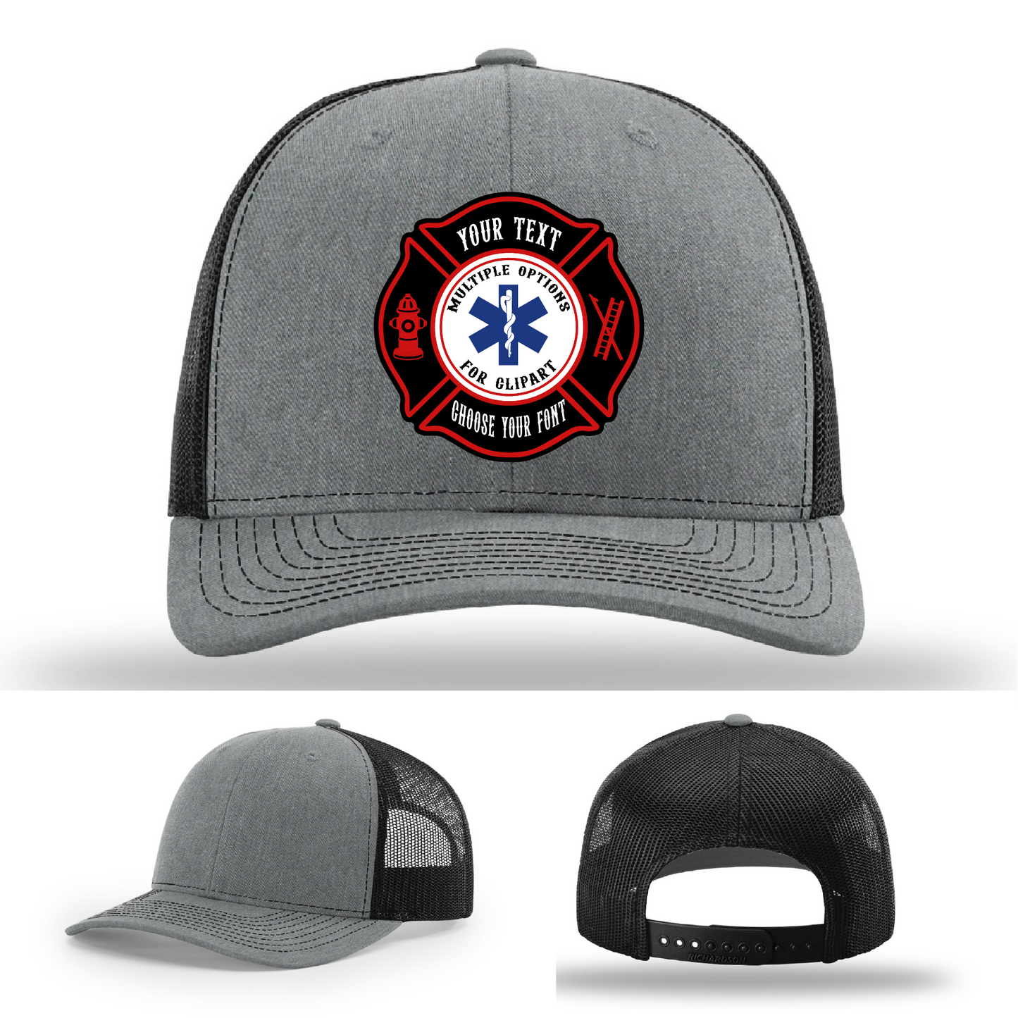 Firefighter hat front view with two full color Maltese patch designs