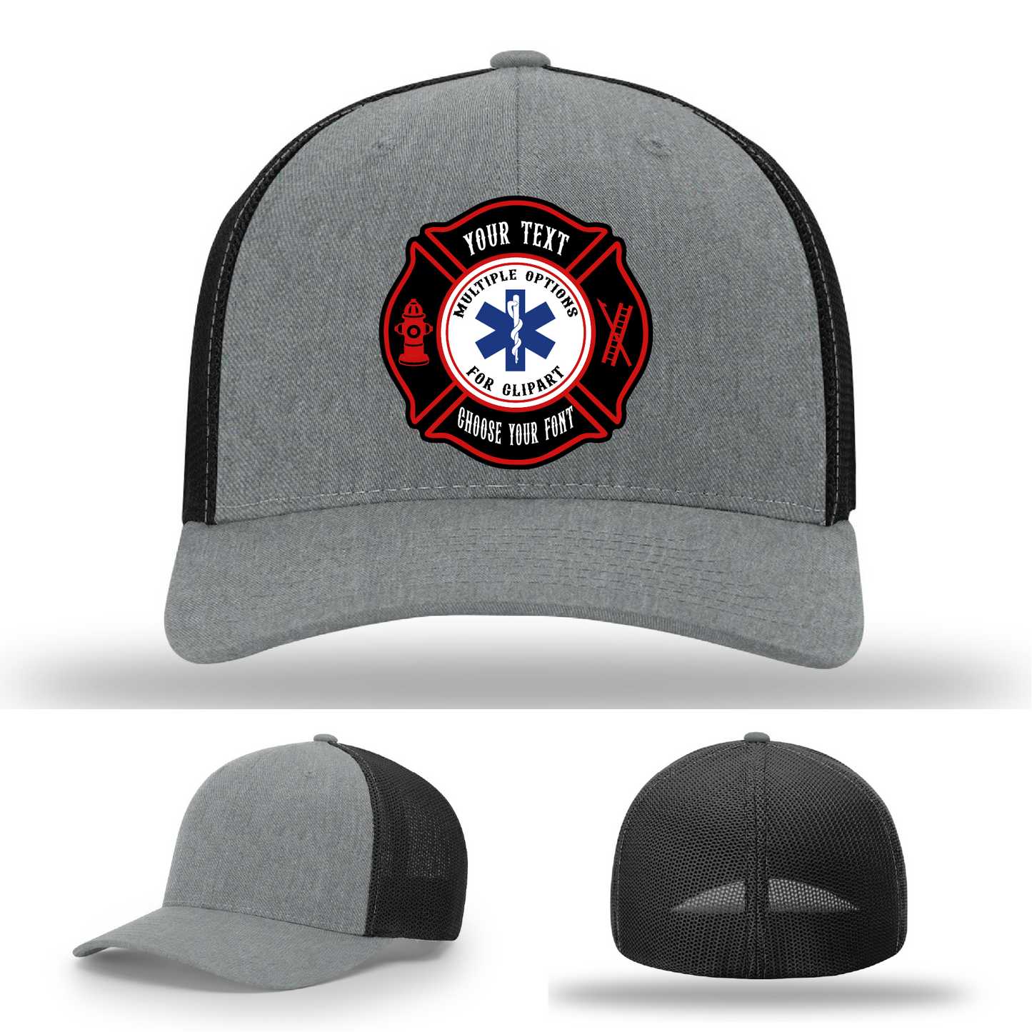 Custom fire service hat with dual Maltese cross patches front view