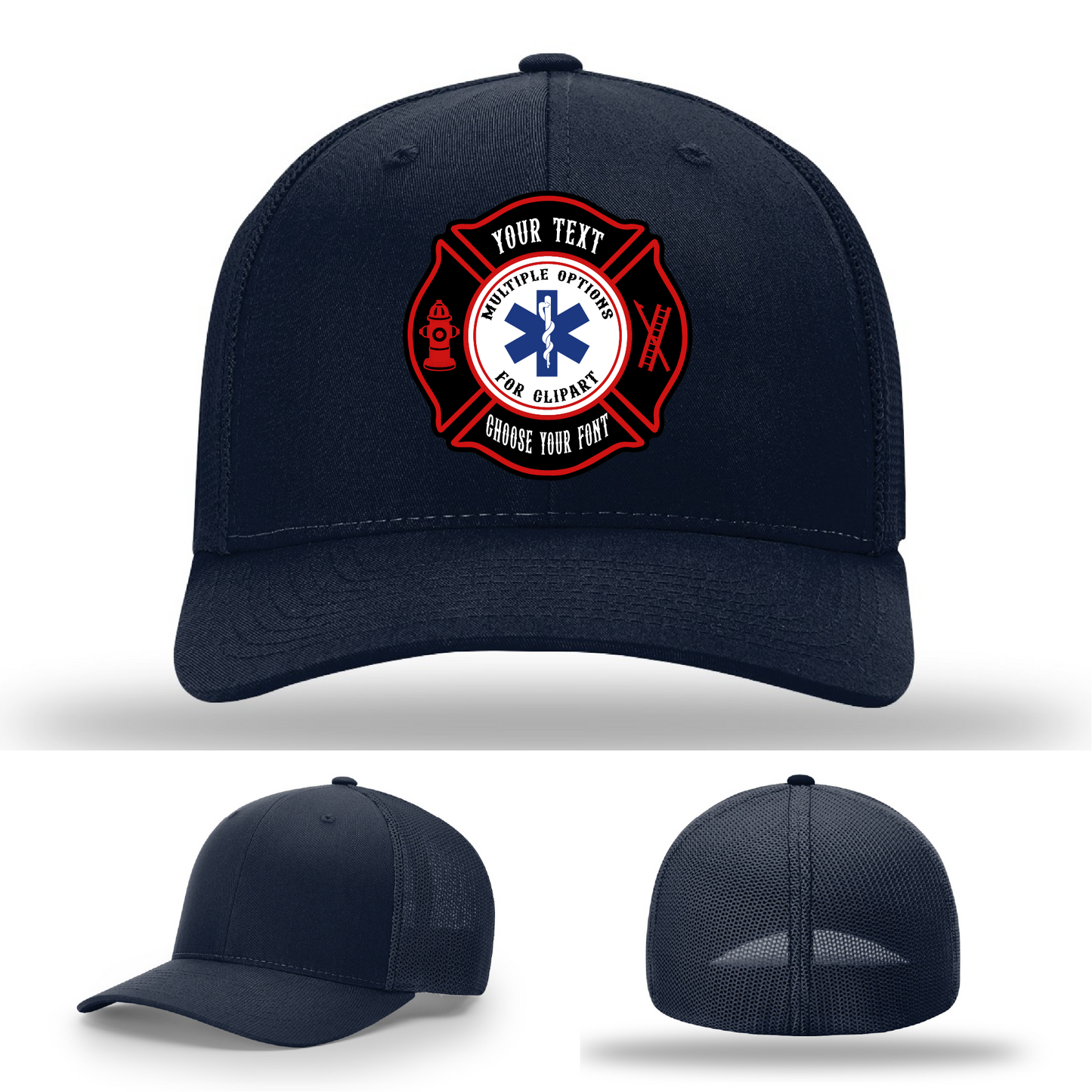 Custom firefighter hat showing front view Maltese patch variations