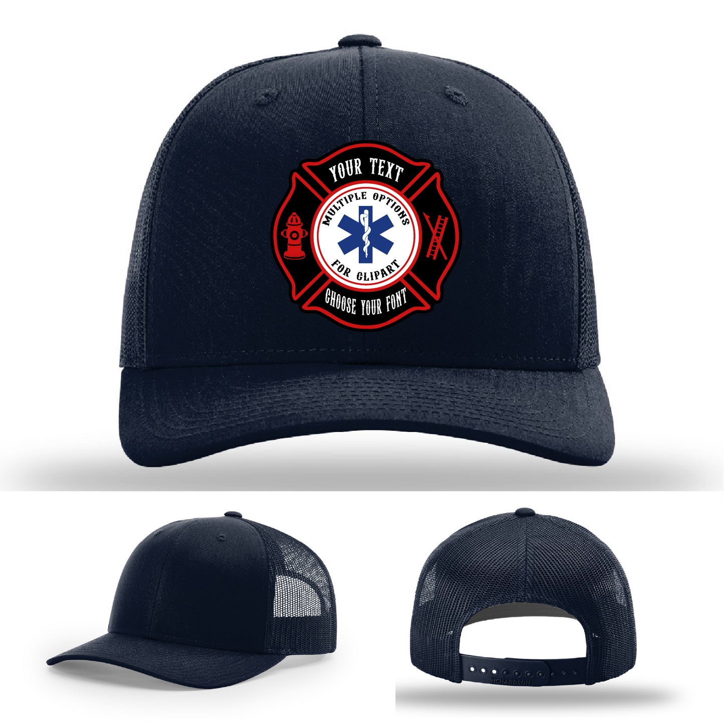 Rugged firefighter hat displaying two colorful Maltese patch styles