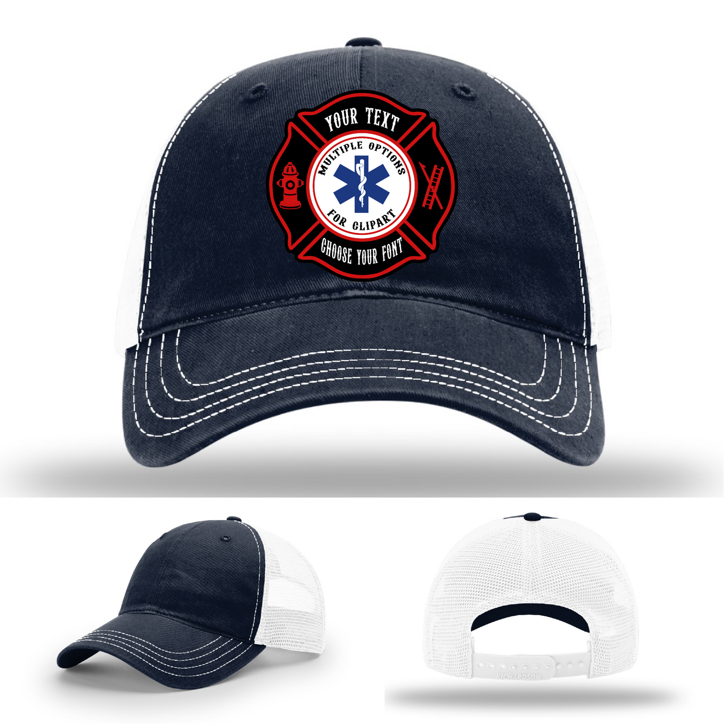 Front facing firefighter hat with full color Maltese patch options