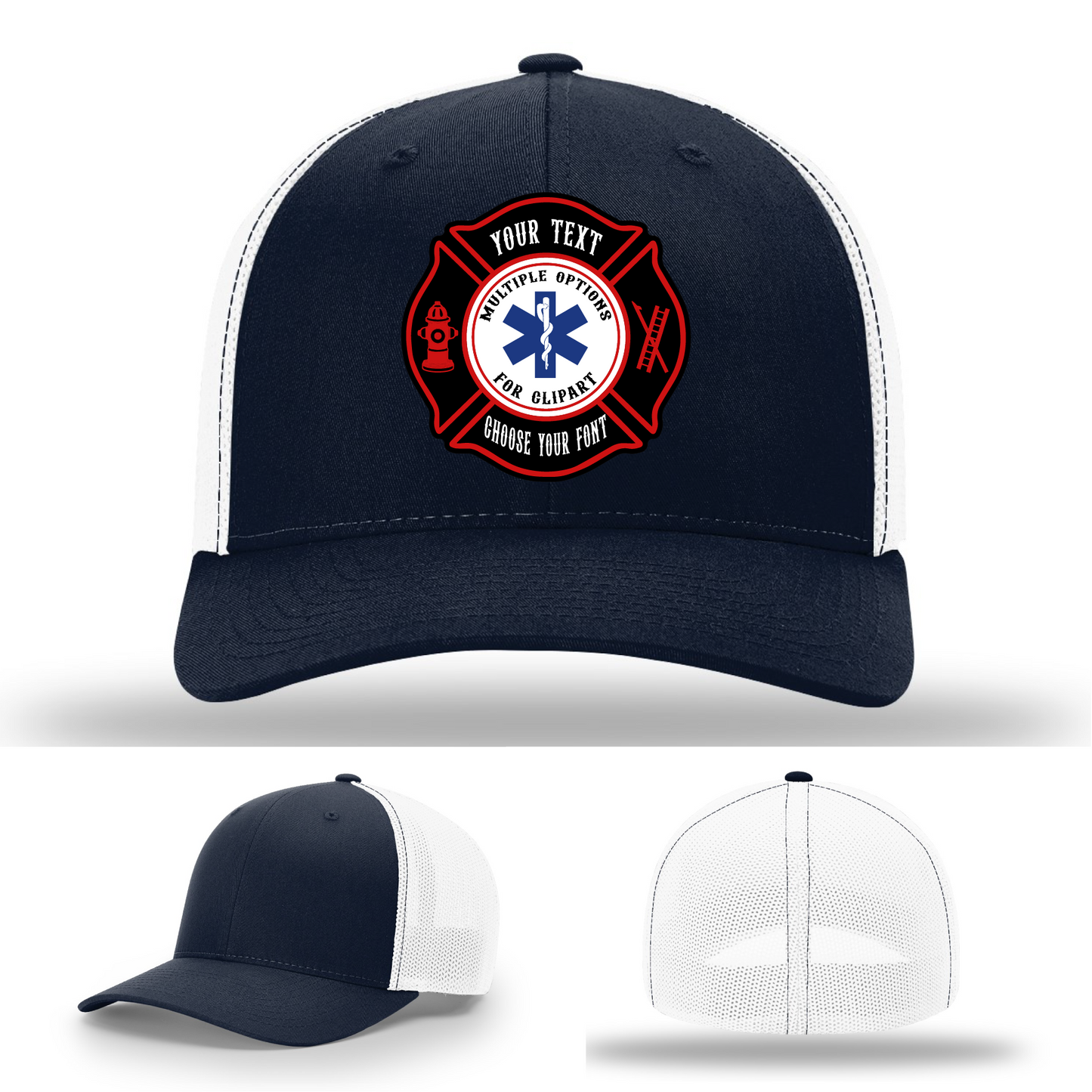 Firefighter station hat showing two bold Maltese patch examples