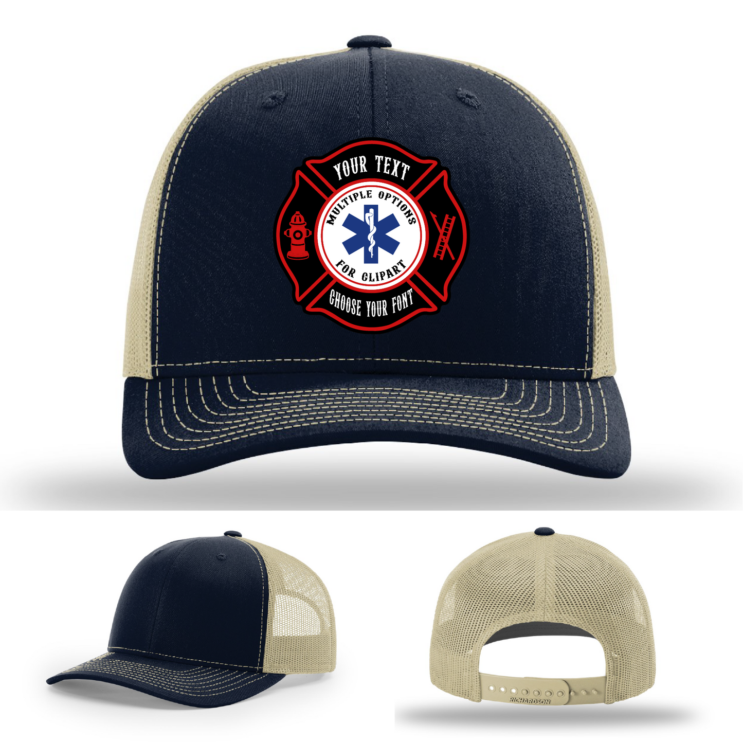 Firefighter hat featuring colorful Maltese cross patch examples