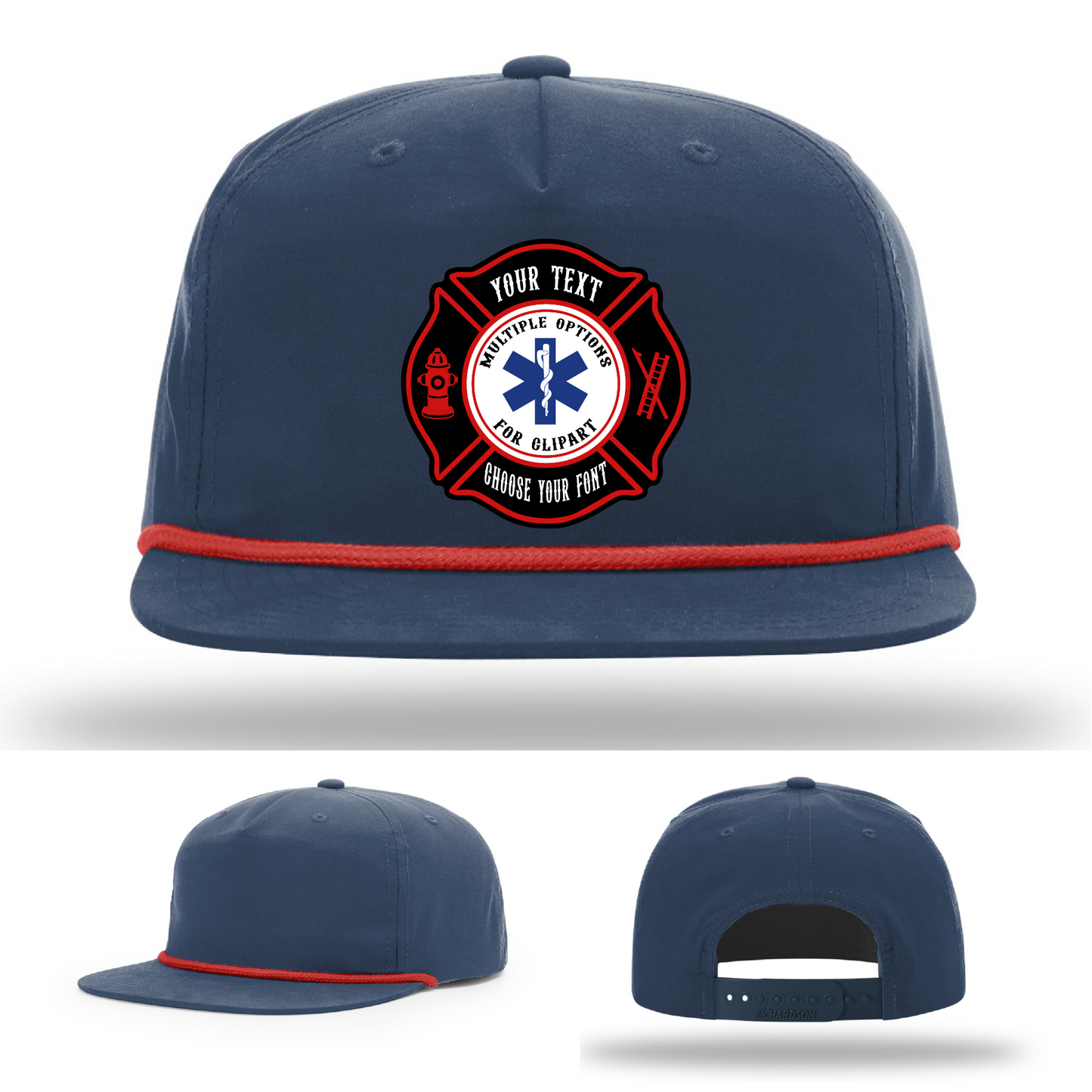 Front shot firefighter hat with dual Maltese patch shape examples