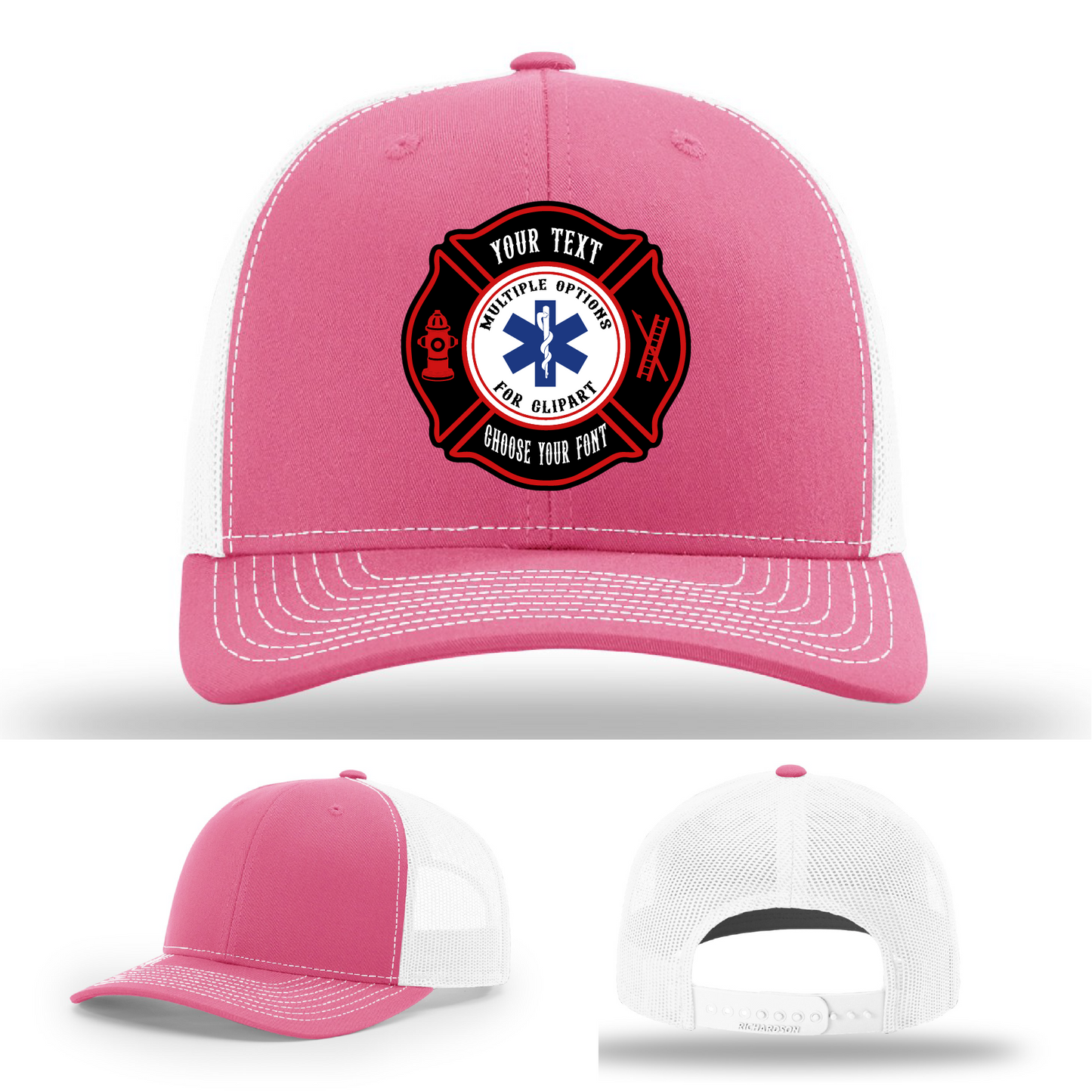 Front view firefighter hat with Maltese patch style differences