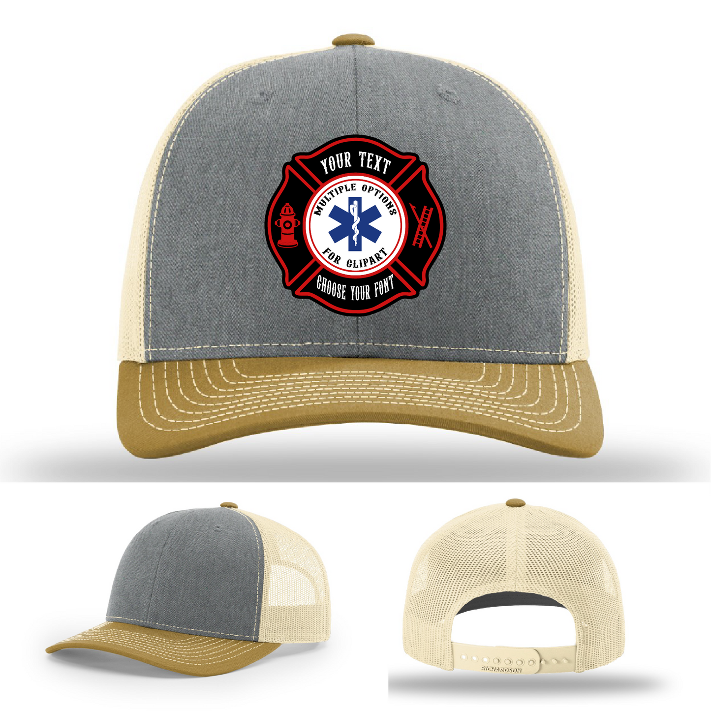 Custom firefighter hat displaying colorful Maltese patch options