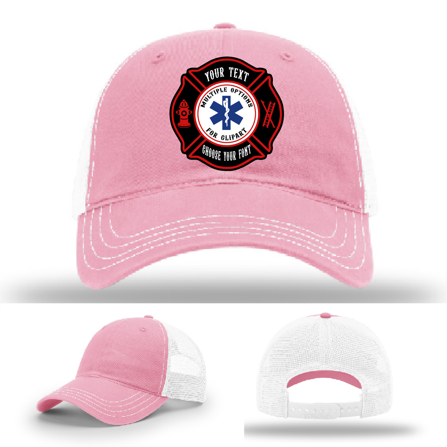 Custom firefighter gear hat featuring Maltese patch variations front
