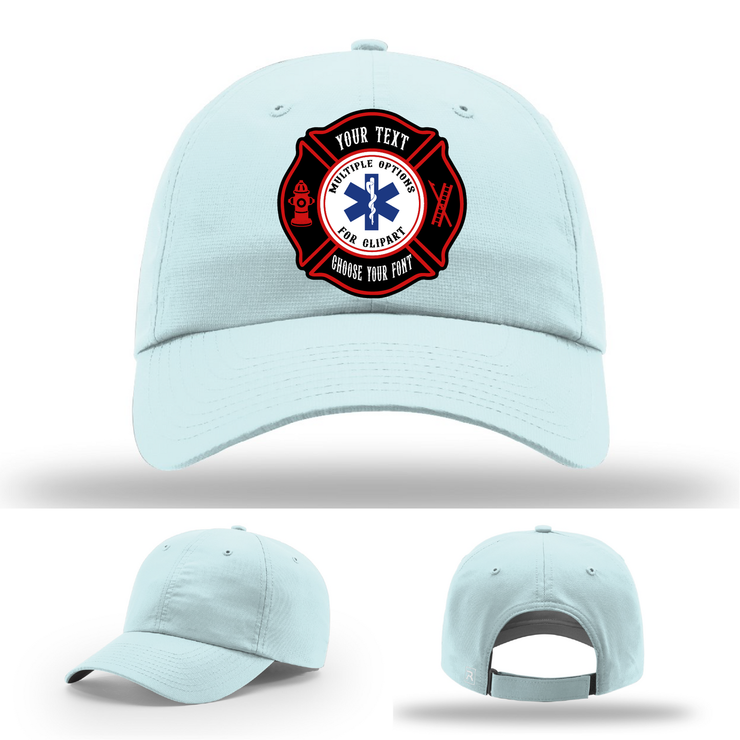 Rugged firefighter hat showing colorful Maltese patches front view