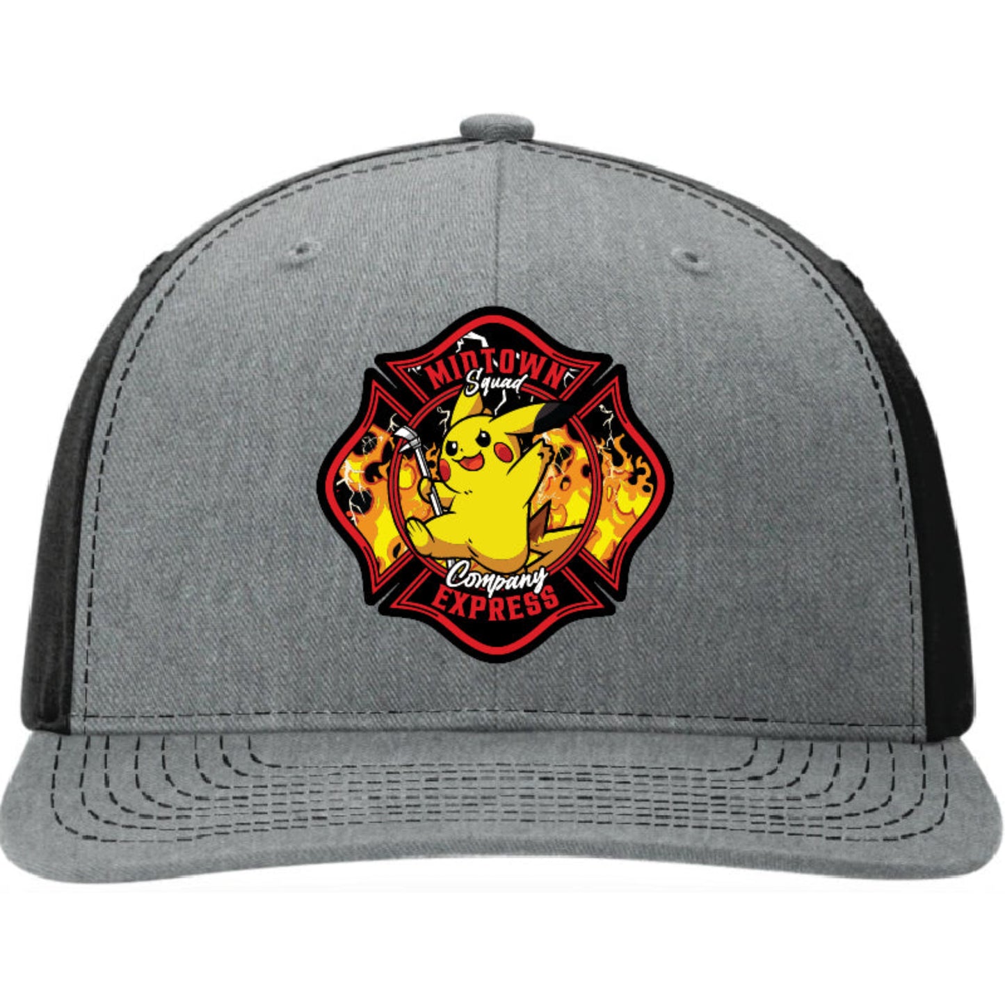 Custom firefighter hat with Midtown Express NJ full color leather patch on a Richardson hat. Personalized fire department headwear built by firefighters.