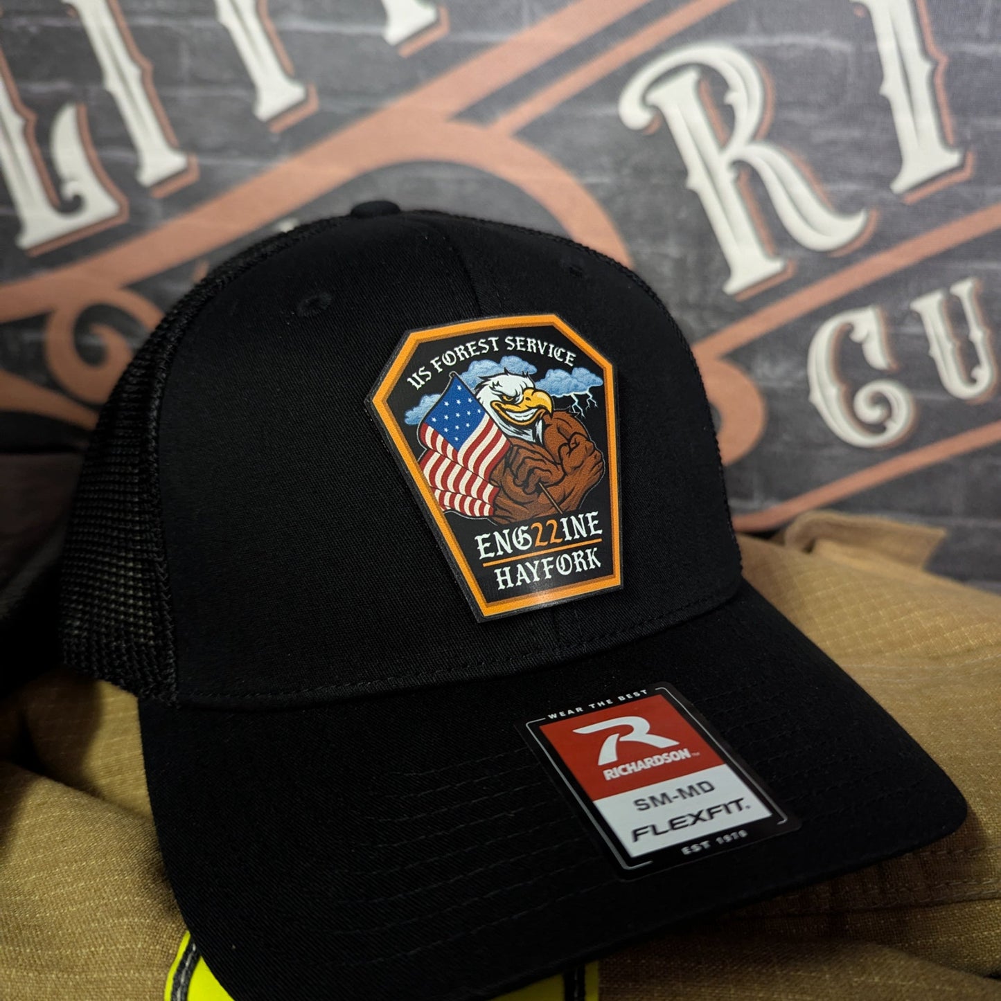 Hayfork Wildland Firefighter leather patch hat with Engine 22 design