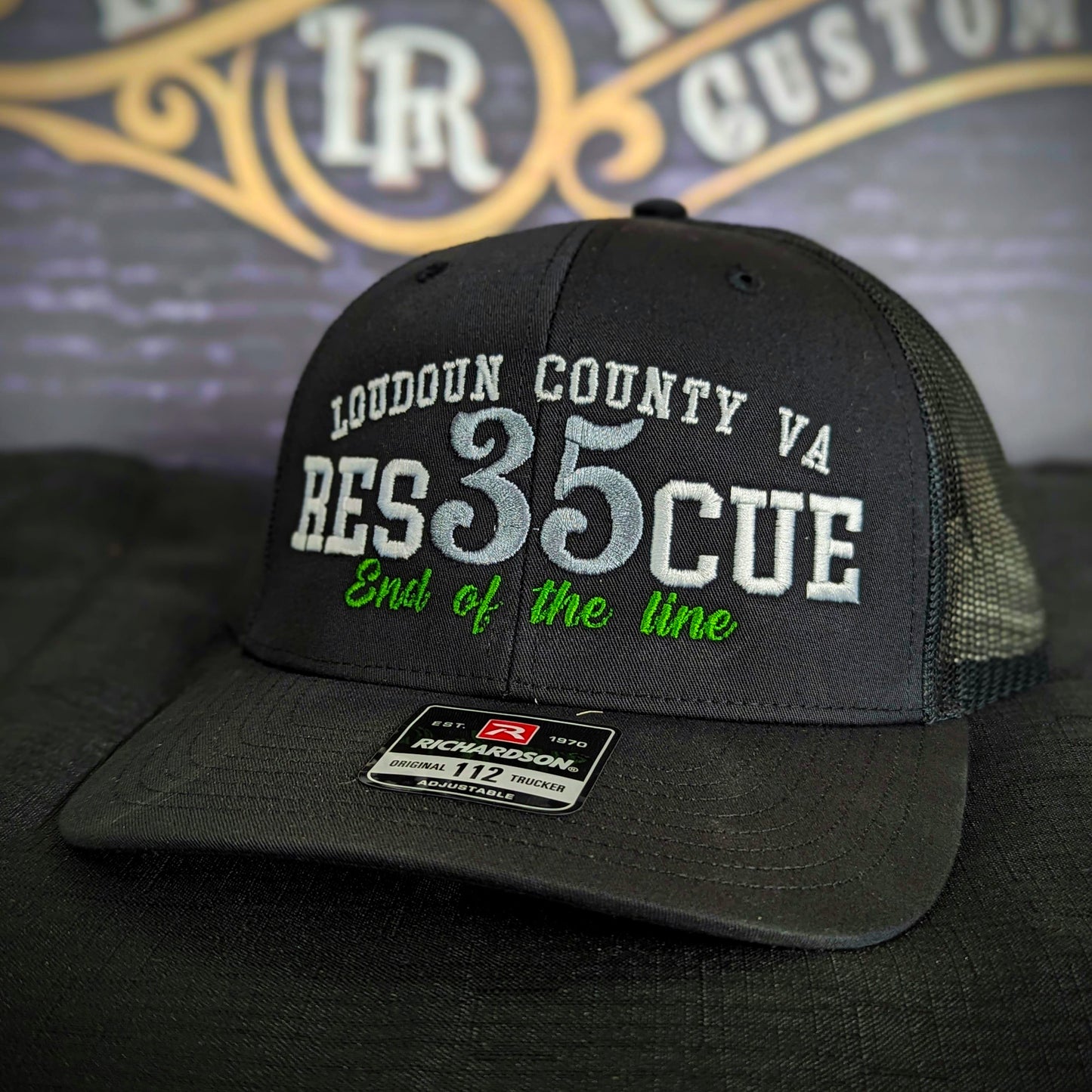 Custom embroidered firefighter hat with bold stitching, structured fit, and premium Richardson snapback design