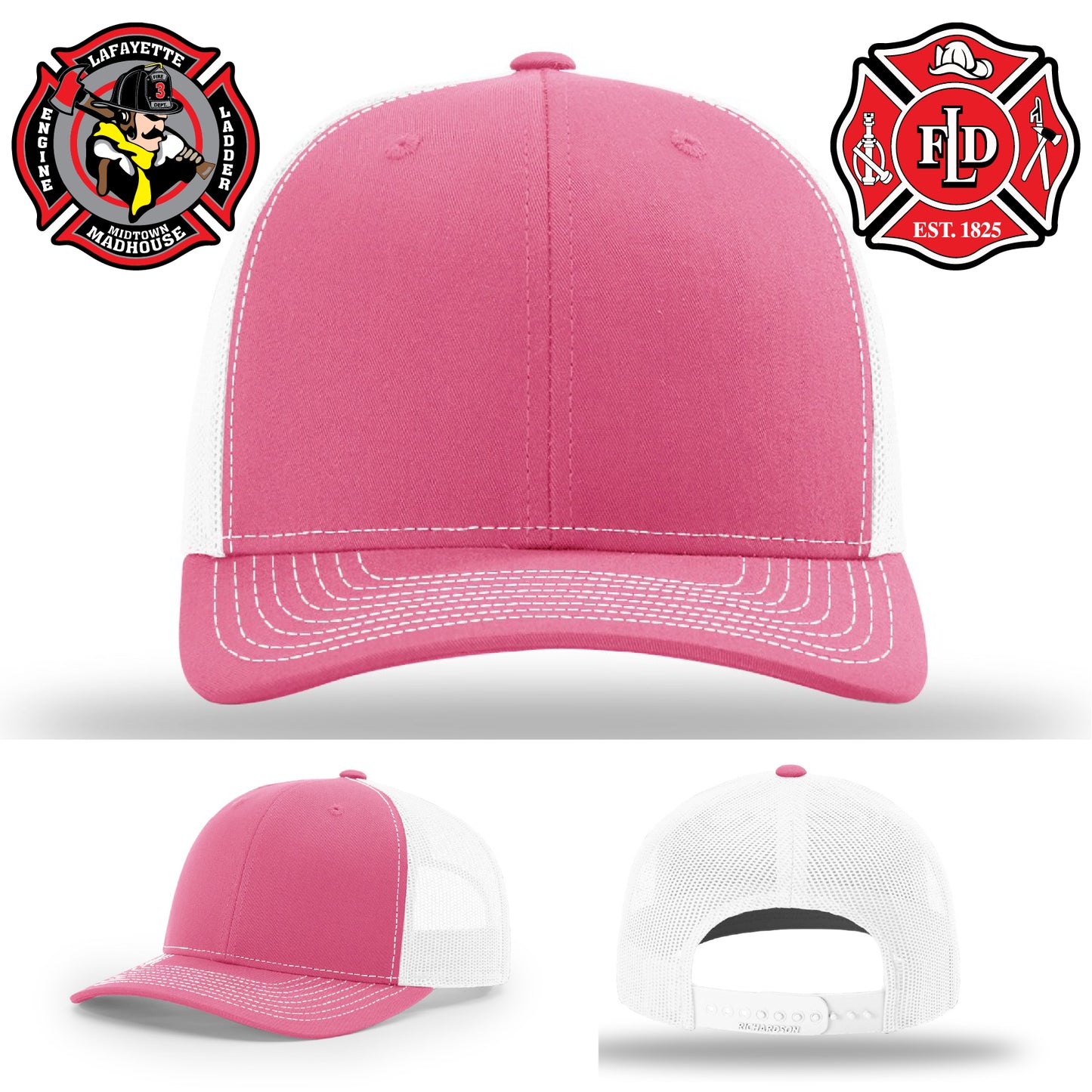 Lafayette firefighter hat featuring engraved leather station patch
