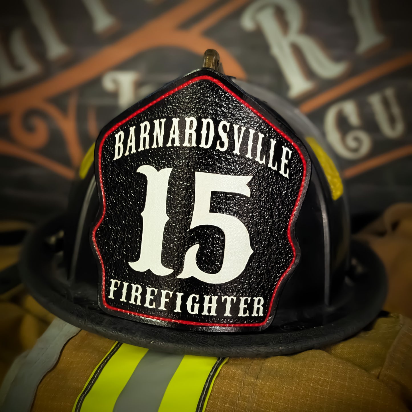 Custom leather firefighter helmet shield, Barnardsville Firefighter, black with white 15 and red outline, Little River Customs