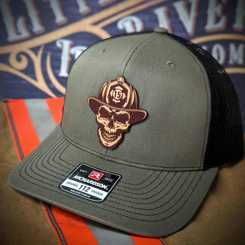 Leatherhead firefighter hat with skull and helmet leather patch design