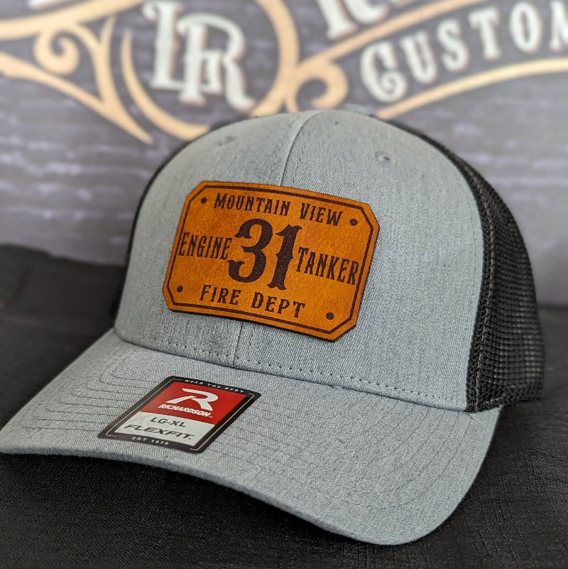 Little River Customs bulk order firefighter hat with leather patch, highlighting custom gear and discount pricing