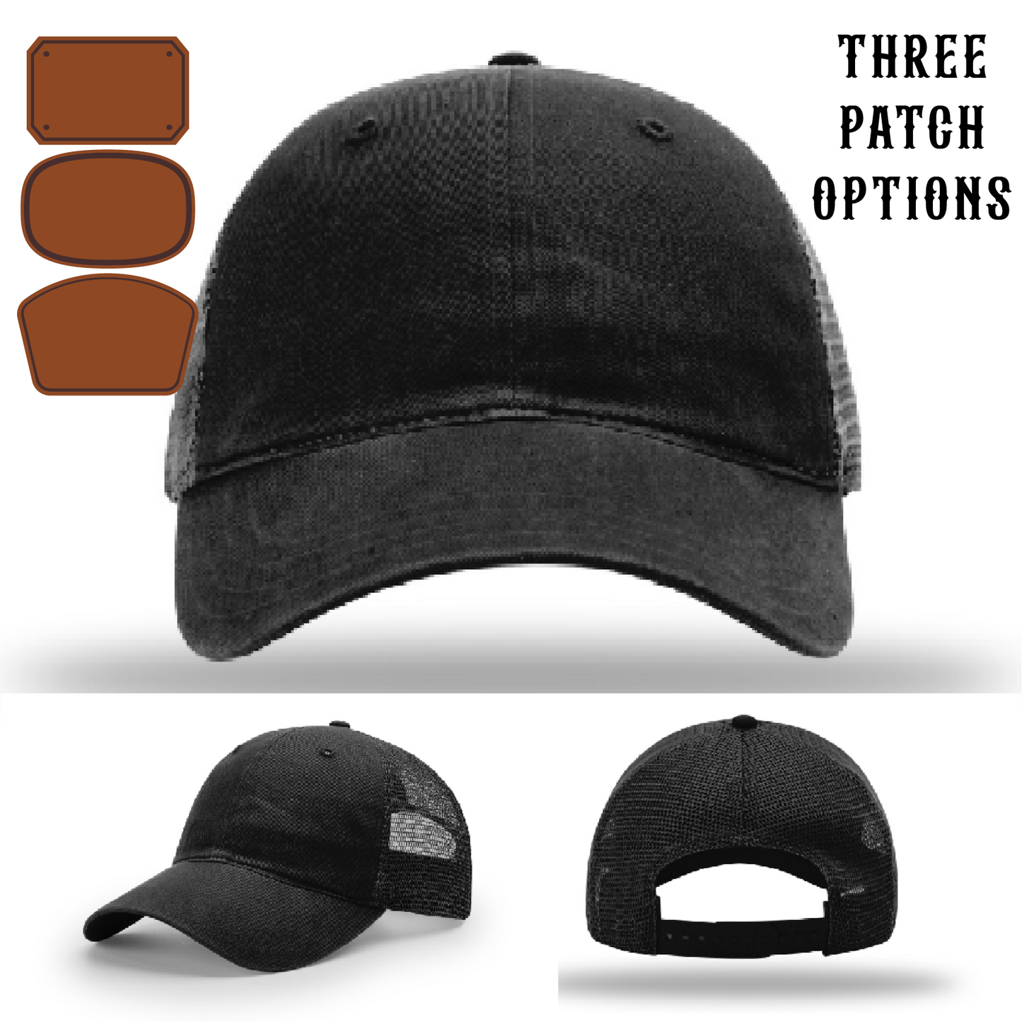 Hat front shot displaying three passport leather patch shape variations