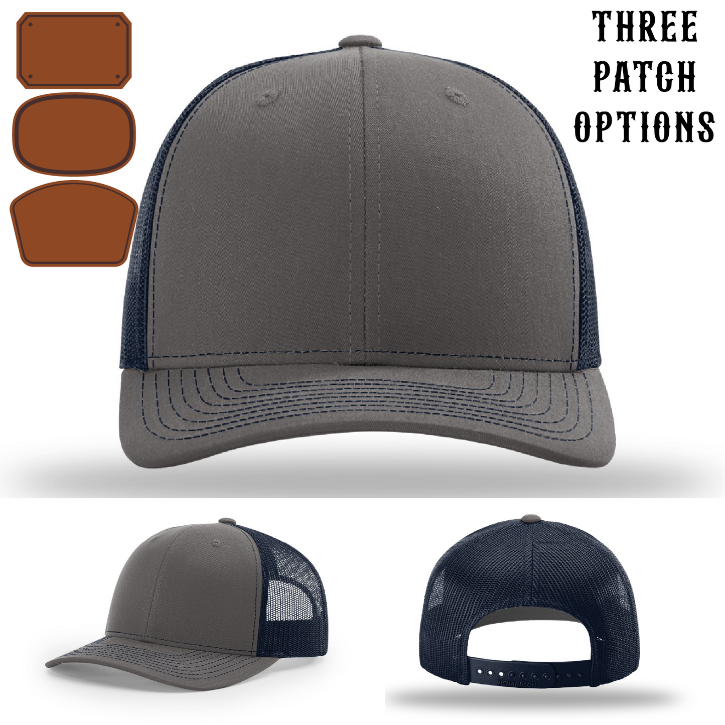 Firefighter hat showing three front facing passport leather patch designs