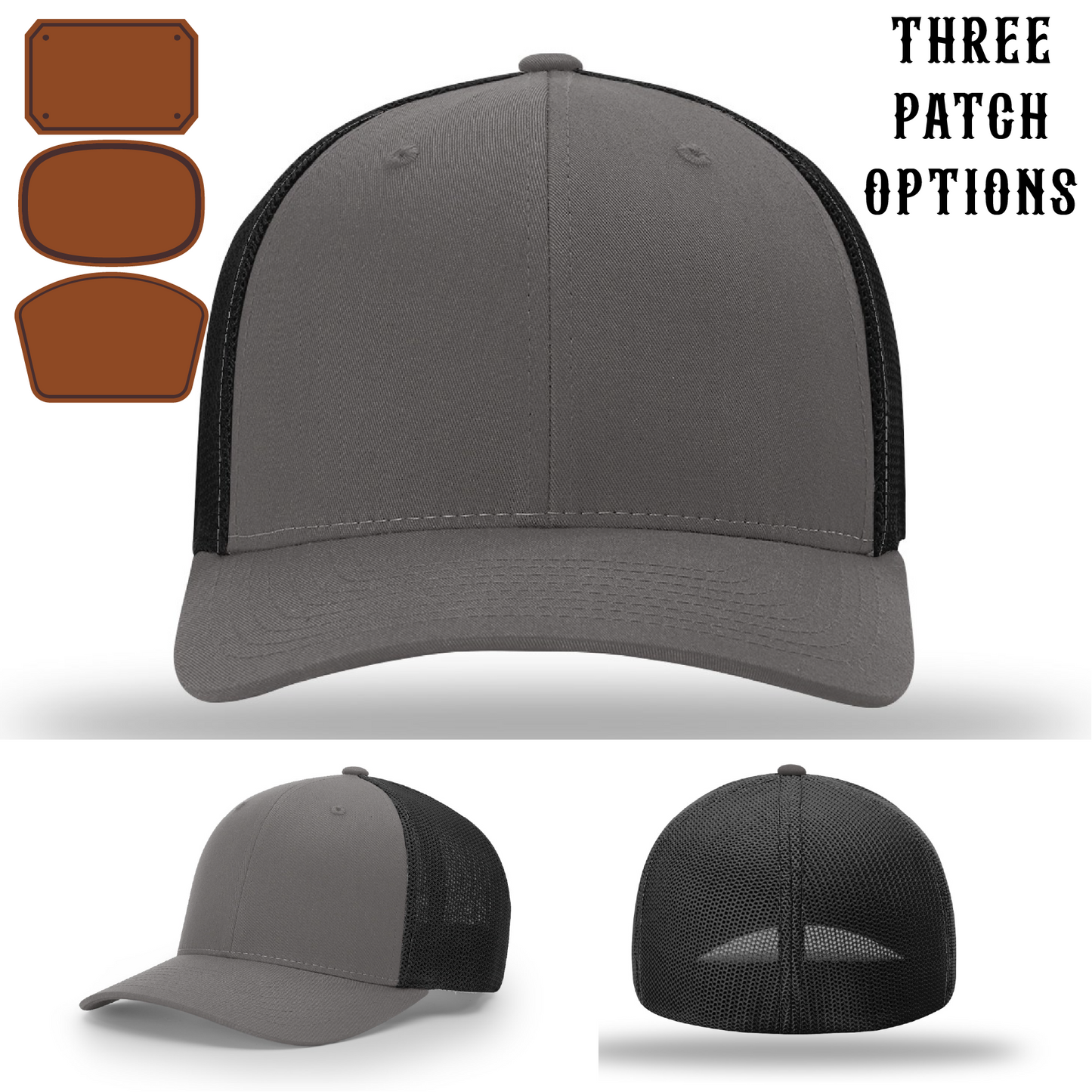 Station hat with three front facing passport leather patch layouts