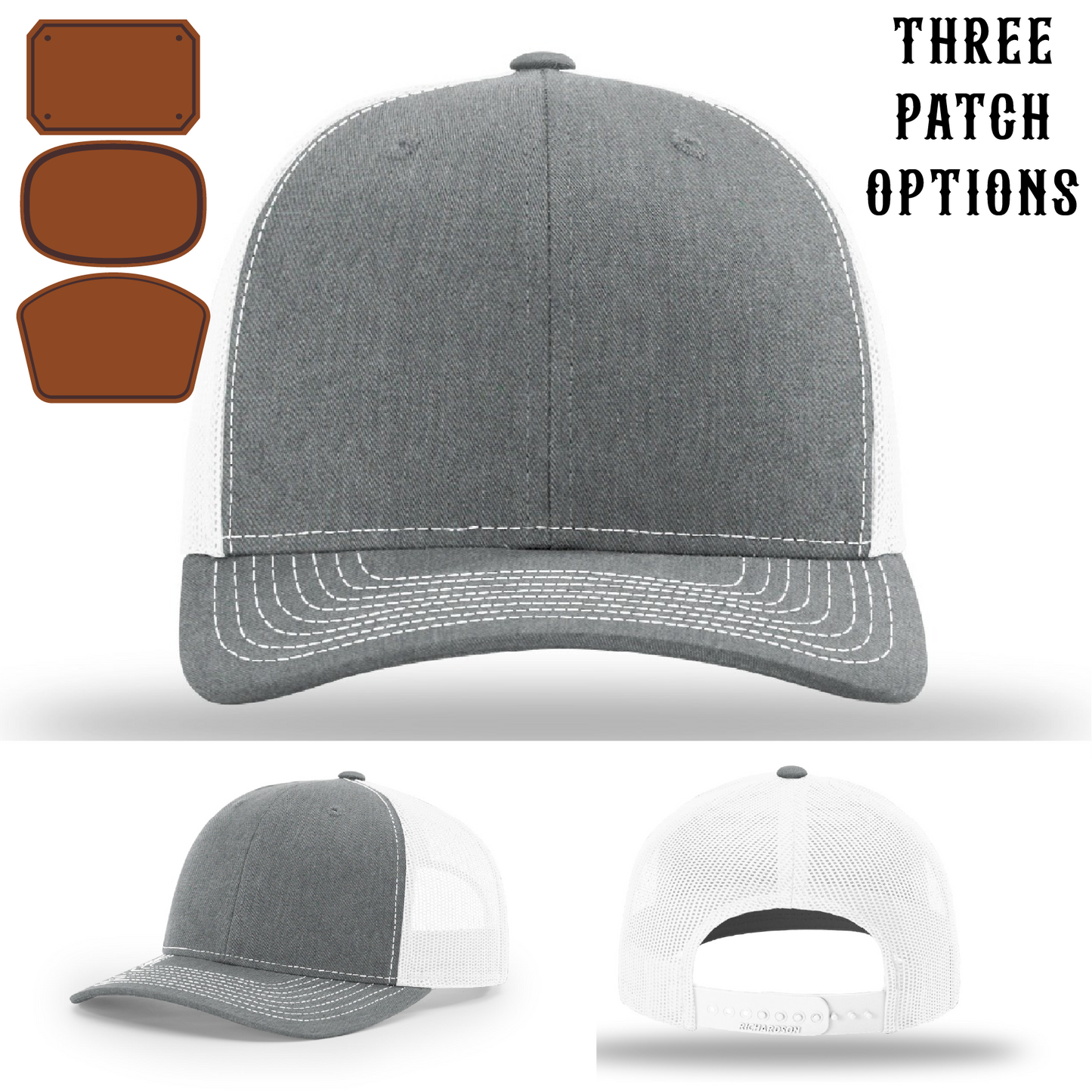 Custom firefighter hat with three passport patch layout examples front
