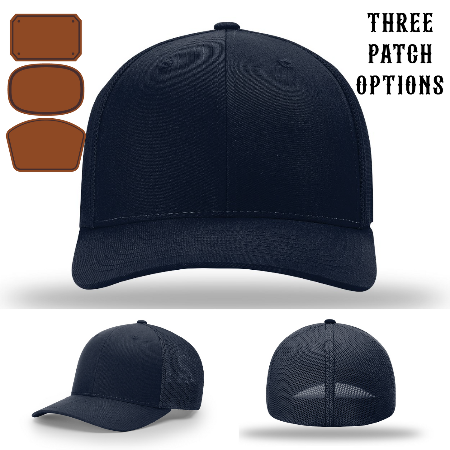 Custom fire department hat showing three passport patch examples