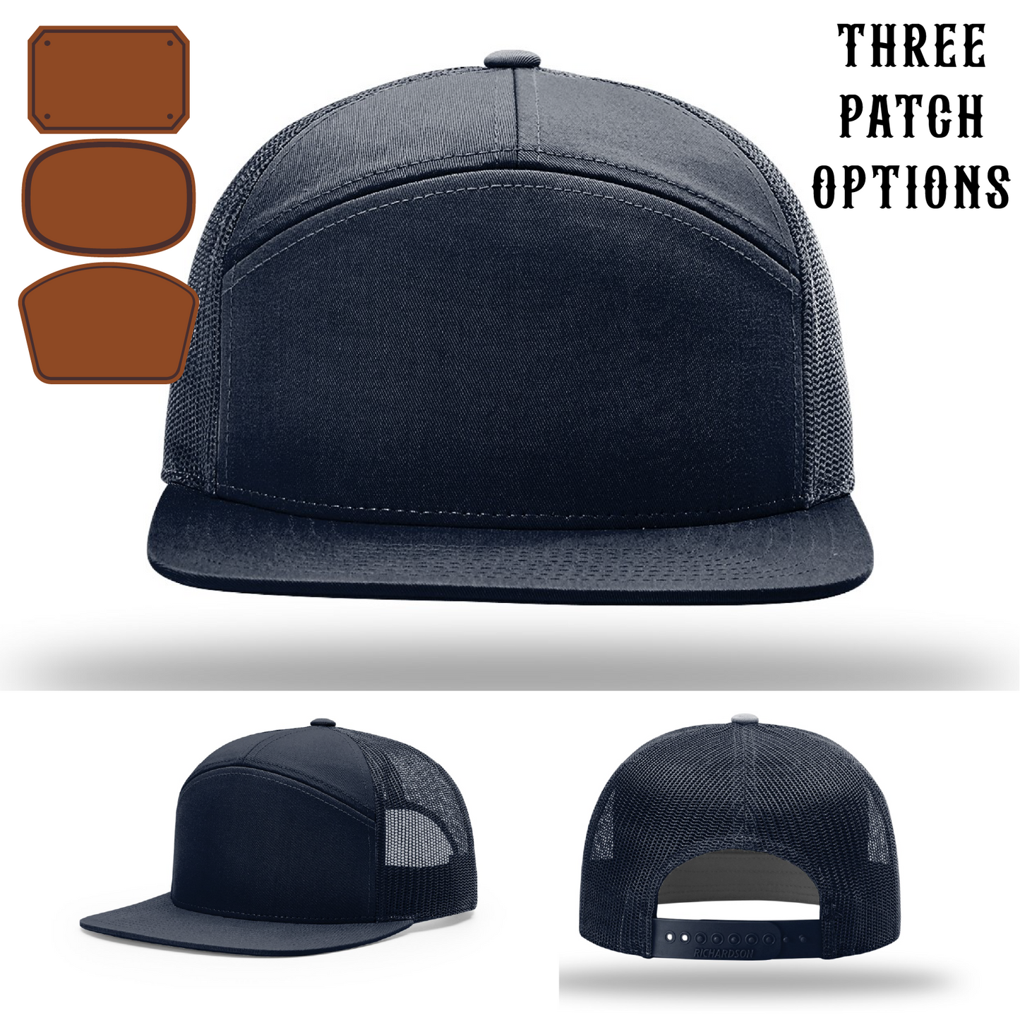 Rugged firefighter hat front view showing three passport patch options