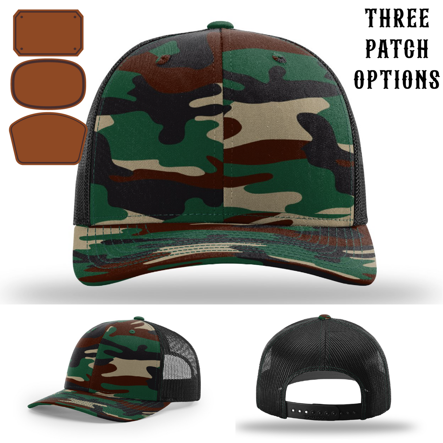 Custom firefighter hat showing triple passport patch designs front view