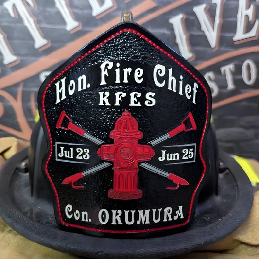 Handmade leather firefighter helmet shield with live preview