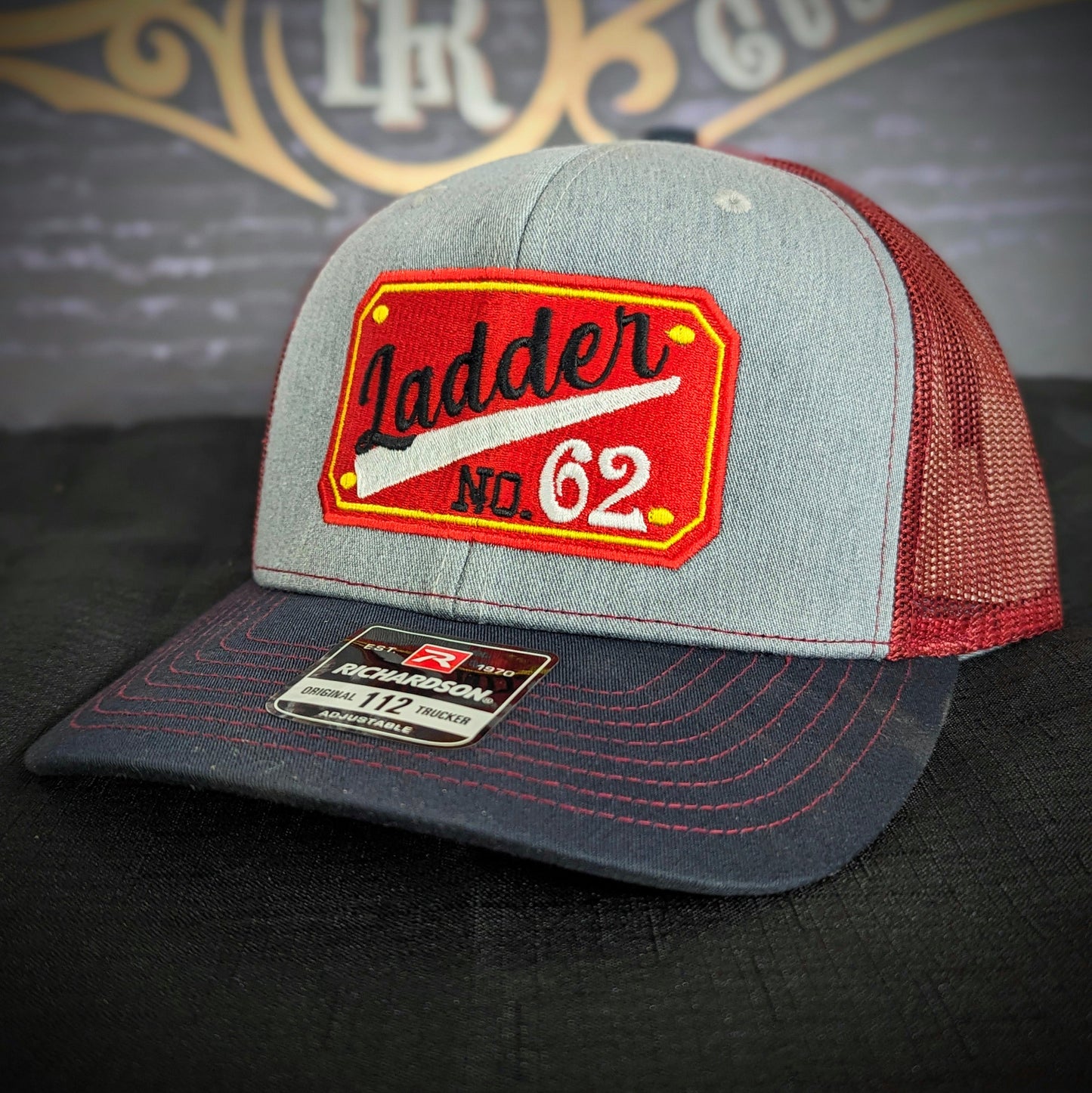 Custom embroidered firefighter hat with bold stitching, structured fit, and premium Richardson snapback design