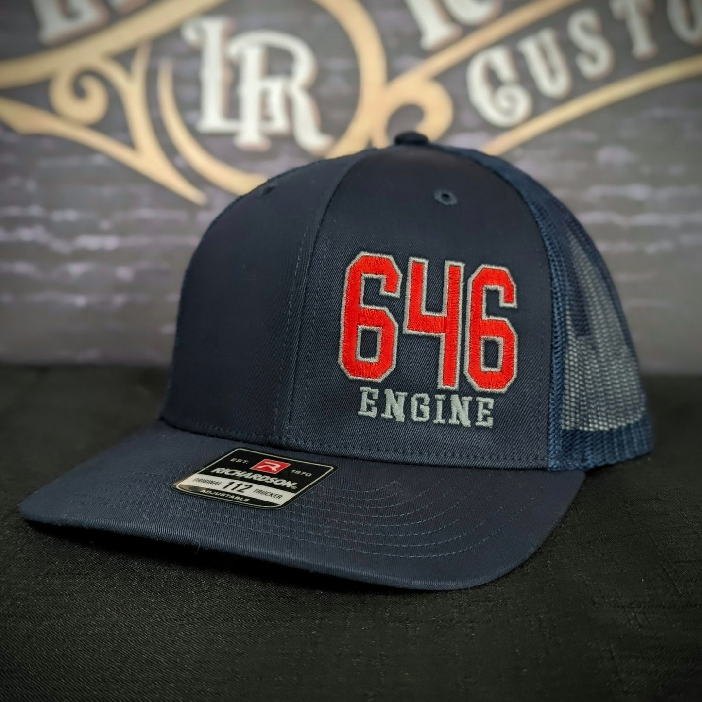 Custom embroidered firefighter hat with bold stitching, structured fit, and premium Richardson snapback design