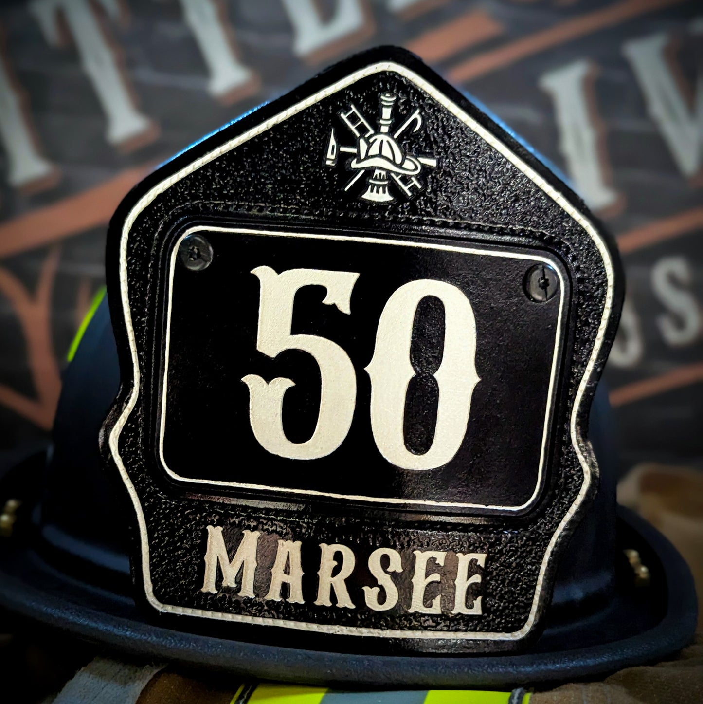 Personalized firefighter helmet shield in passport style with bold number, custom name, and clean line layout for rank, station, or company"