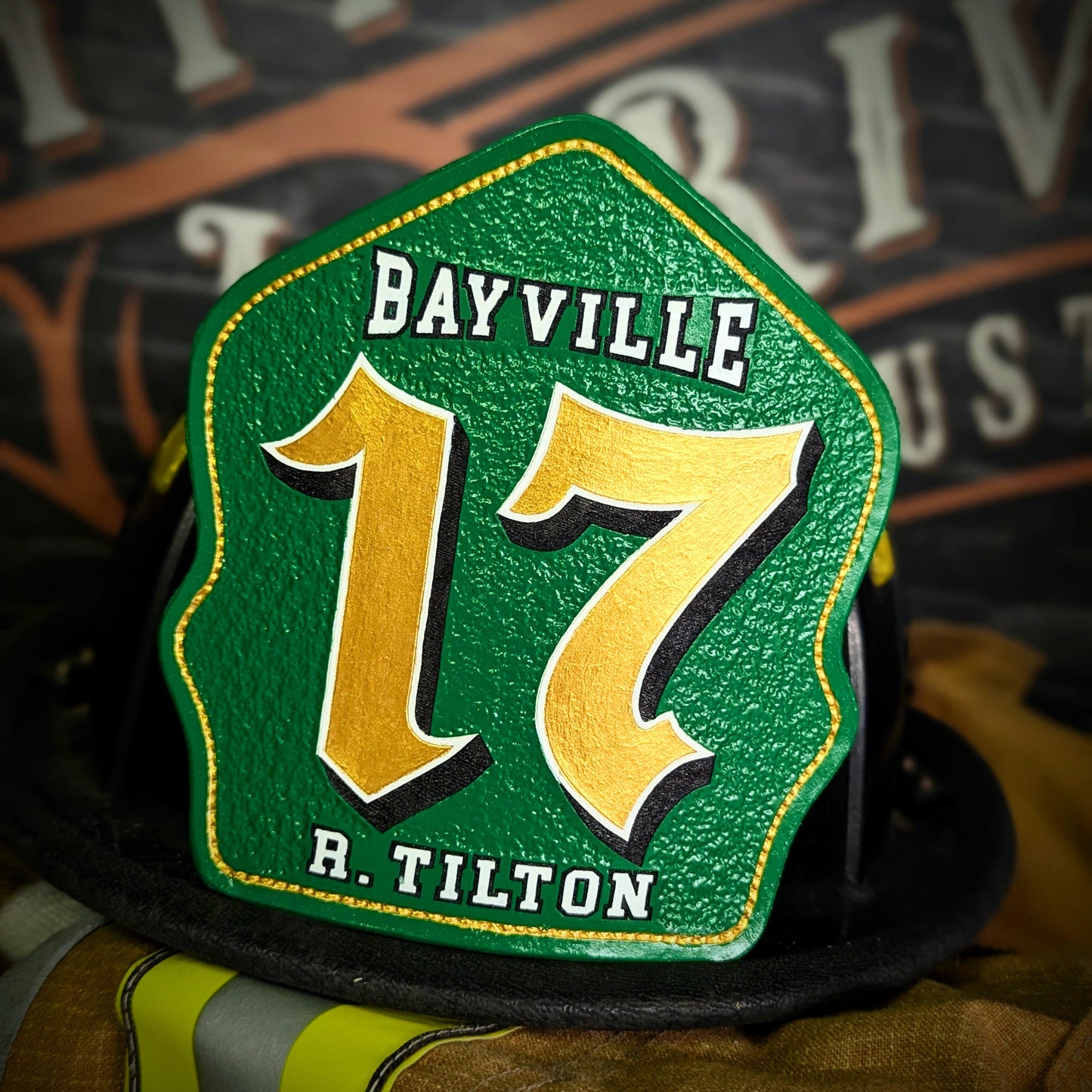 custom leather helmet shield – crafted for firefighter gear setups