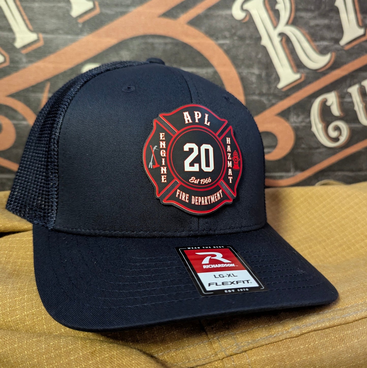 Custom firefighter hat with handcrafted leather patch, personalized with fire department name, station number, or logo