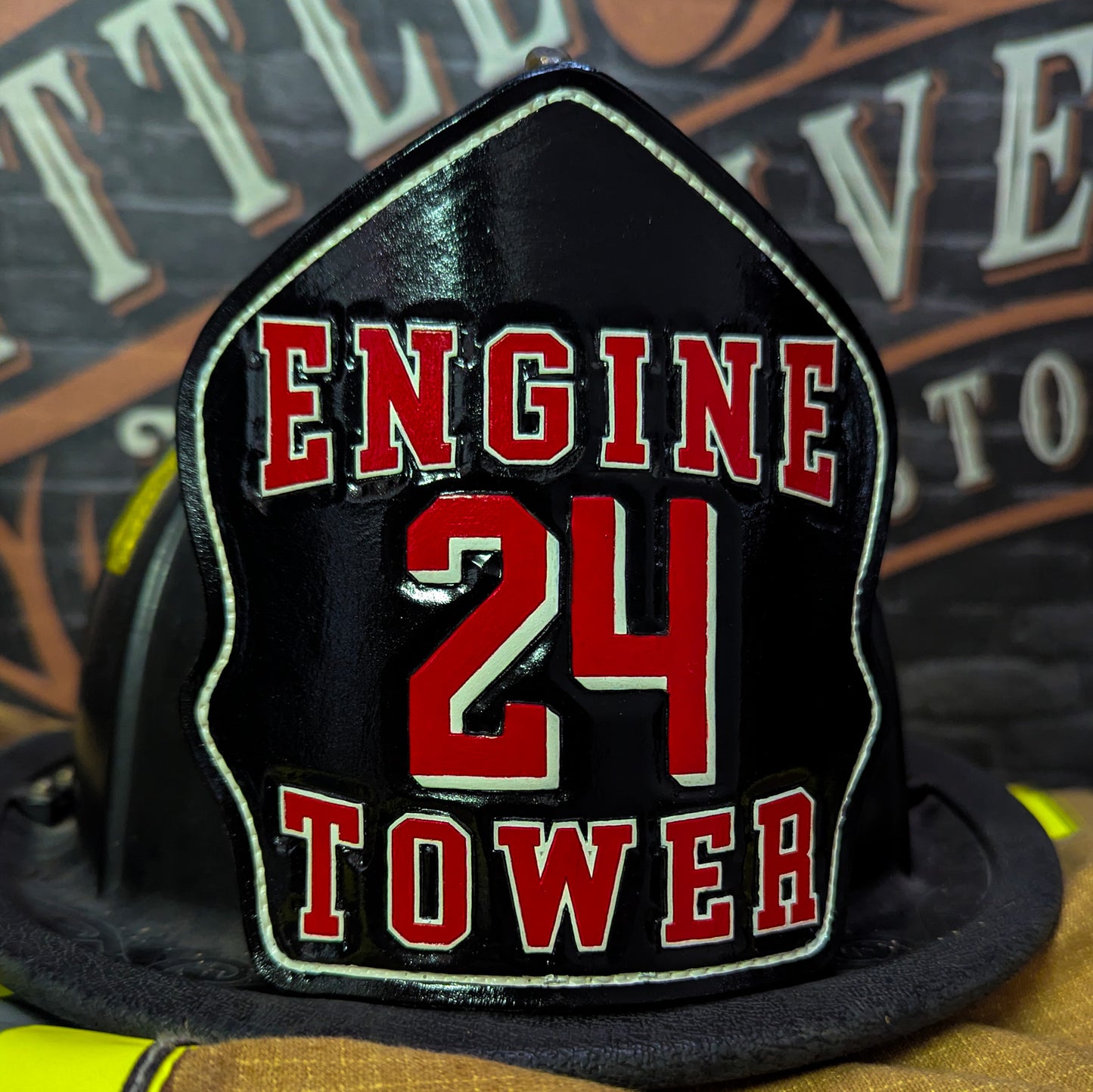leather firefighter helmet front – perfect for personalized fire gear