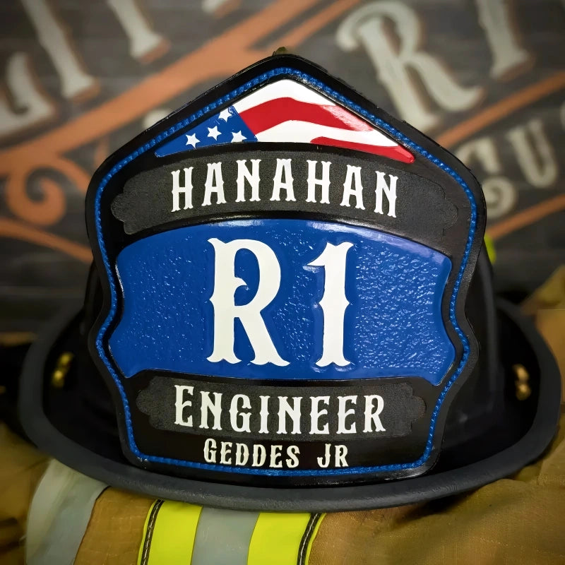 Custom Renegade firefighter helmet shield in leather