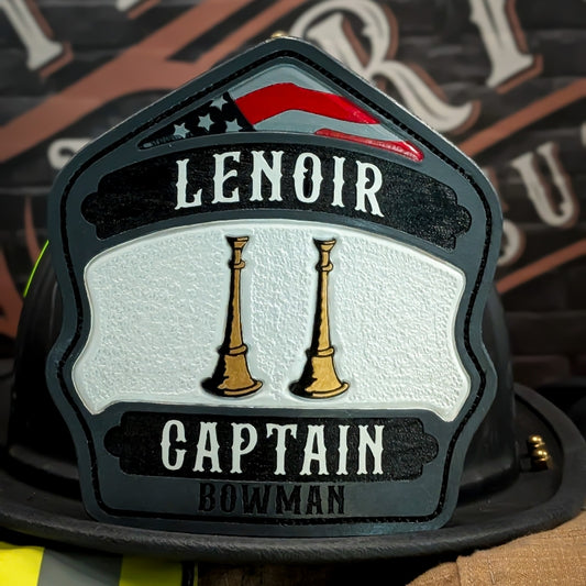 Firefighter helmet shield with custom leather design