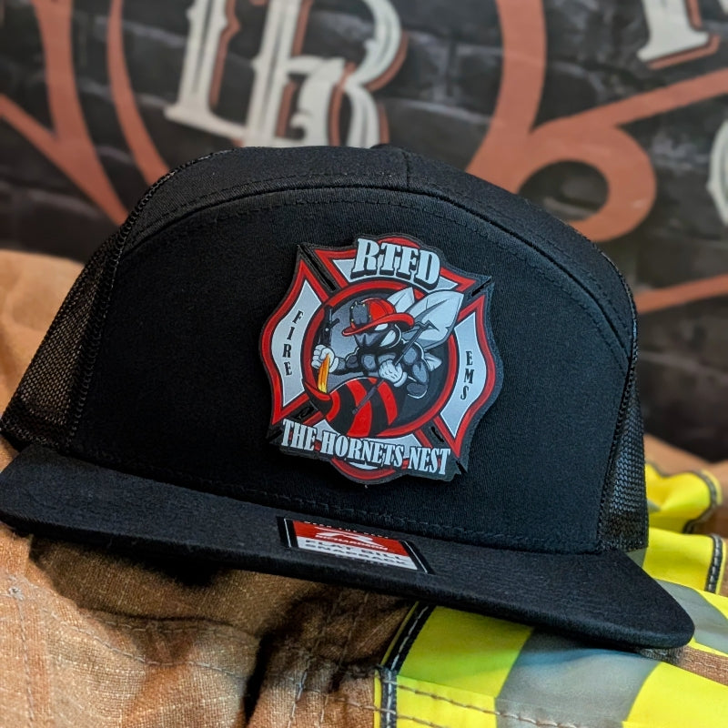 custom leather firefighter hat with RTFD Hornet’s Nest design on black Richardson hat