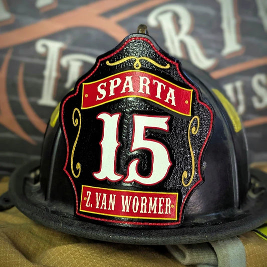 Firefighter helmet with leather shield showing correct size and fit