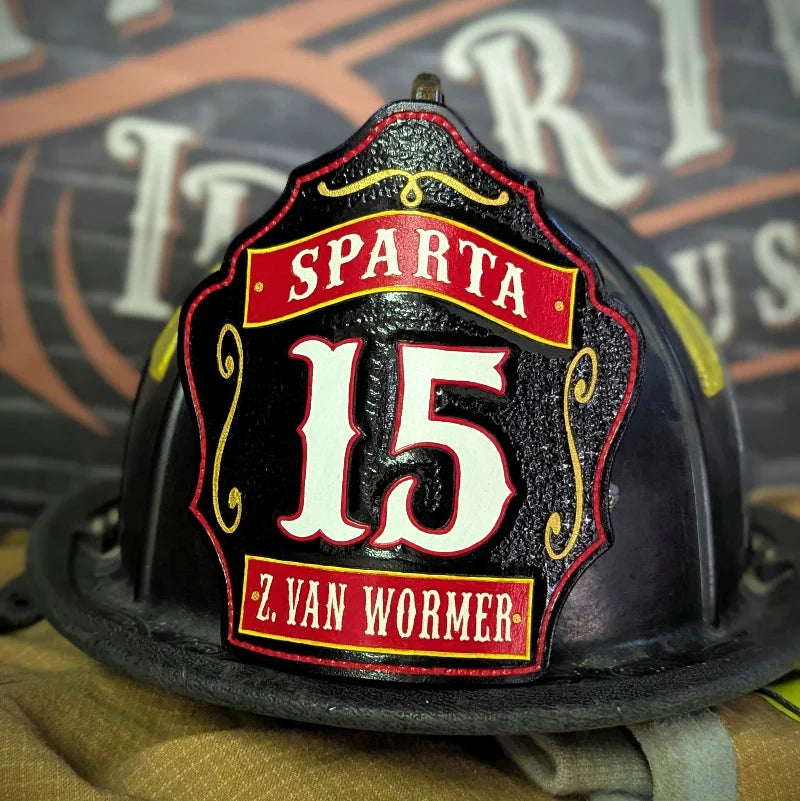 Firefighter helmet with leather shield showing correct size and fit